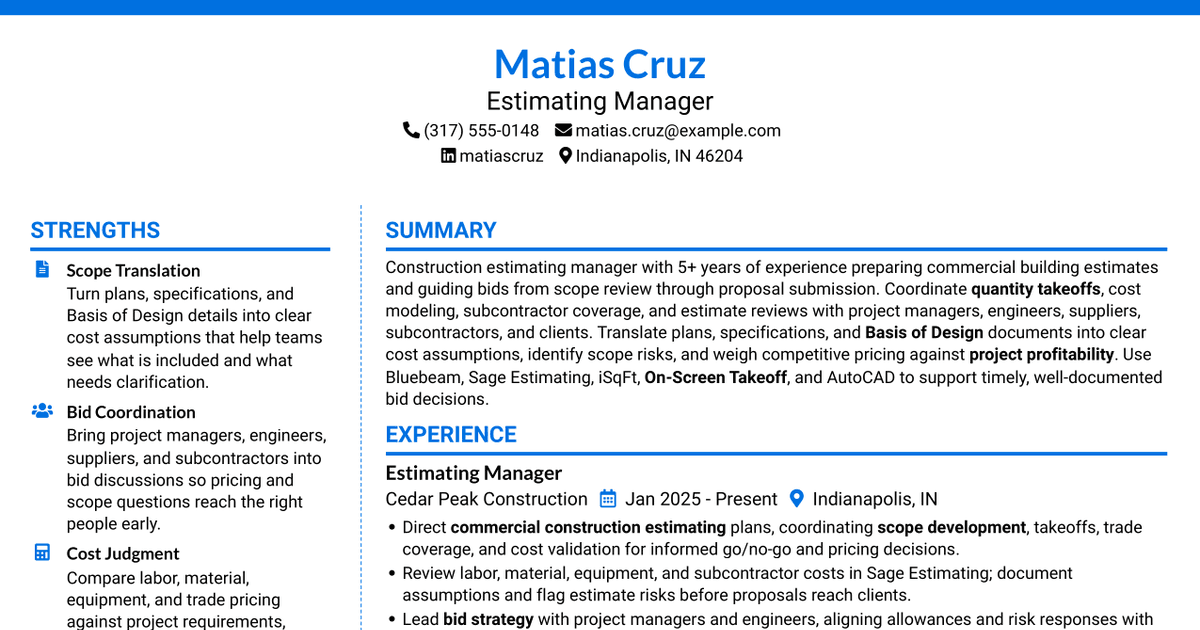 7 Estimating Manager - Commercial Construction Resume Templates with Example