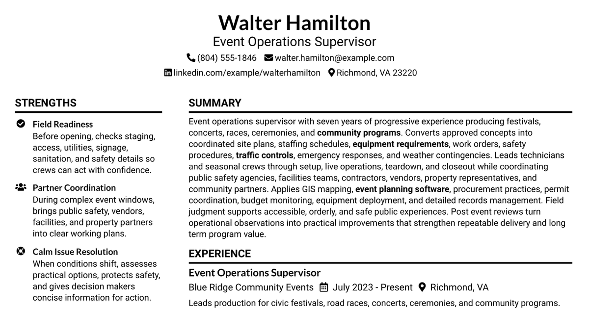 7 Event Operations Supervisor Resume Templates with Example