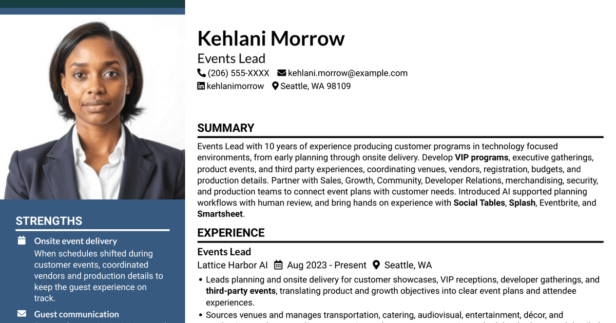 7 Events Lead - Technology and Product Events Resume Templates with Example