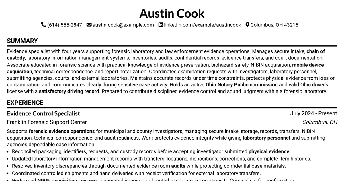 7 Evidence Specialist - Forensic Evidence Operations Resume Templates with Example