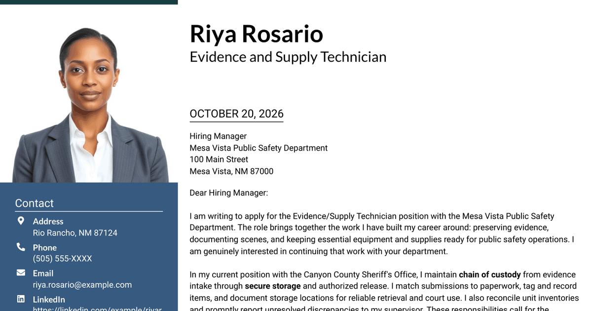 7 Evidence/Supply Technician - Crime Scene Processing Cover Letter Templates with Example