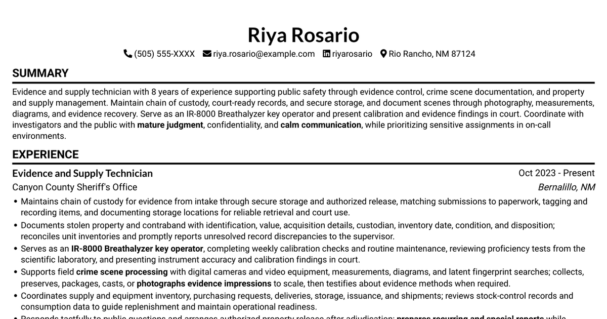 7 Evidence/Supply Technician - Crime Scene Processing Resume Templates with Example