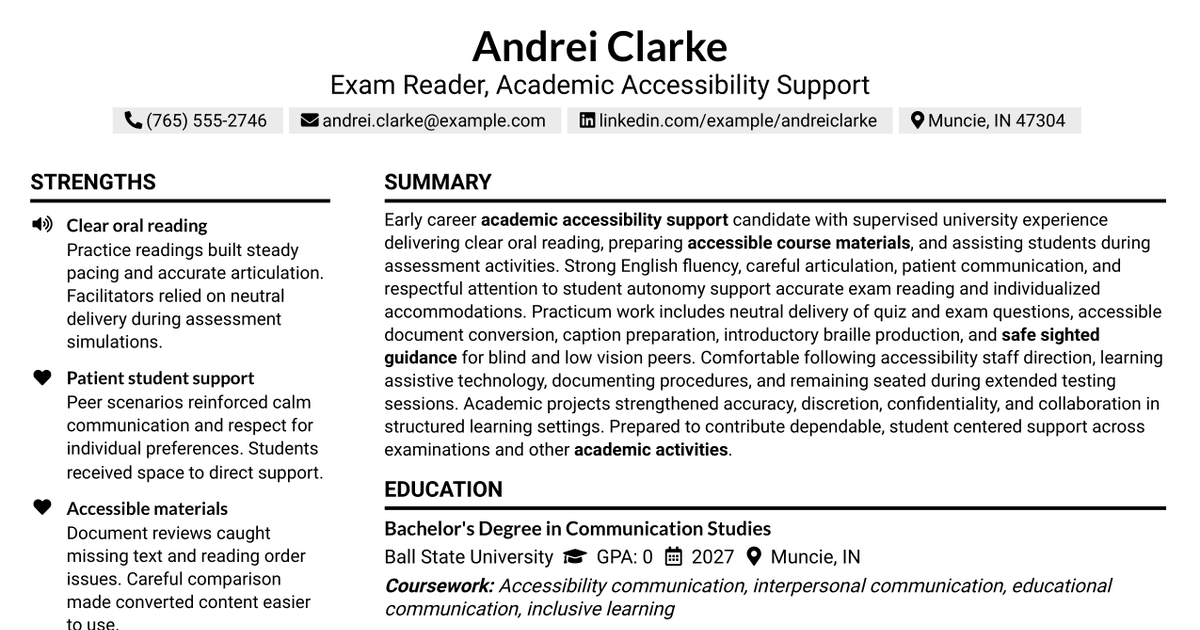 7 Exam Reader - Academic Accessibility Support Resume Templates with Example