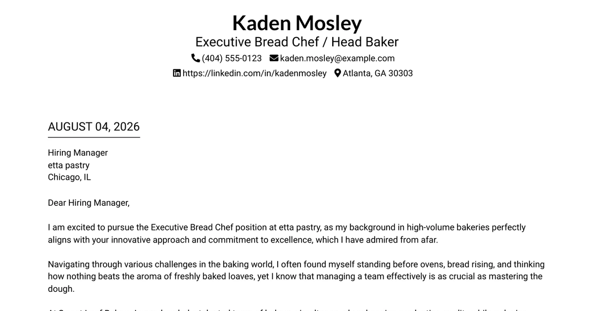 30+ Executive Bread Chef / Head Baker Cover Letter Templates with Example 2026