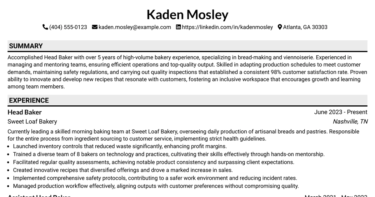 33 Executive Bread Chef / Head Baker Resume Templates with Example 2026 (ATS-Optimized)