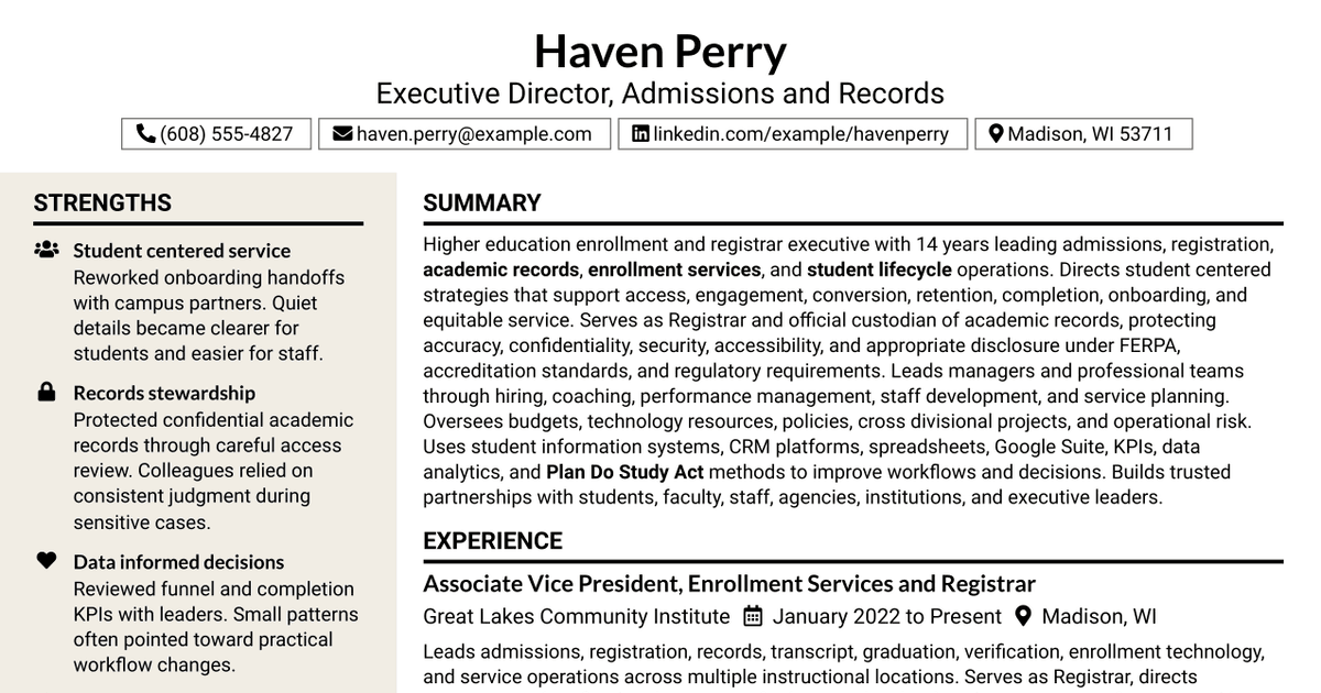 7 Executive Director, Admissions and Records/Registrar Resume Templates with Example