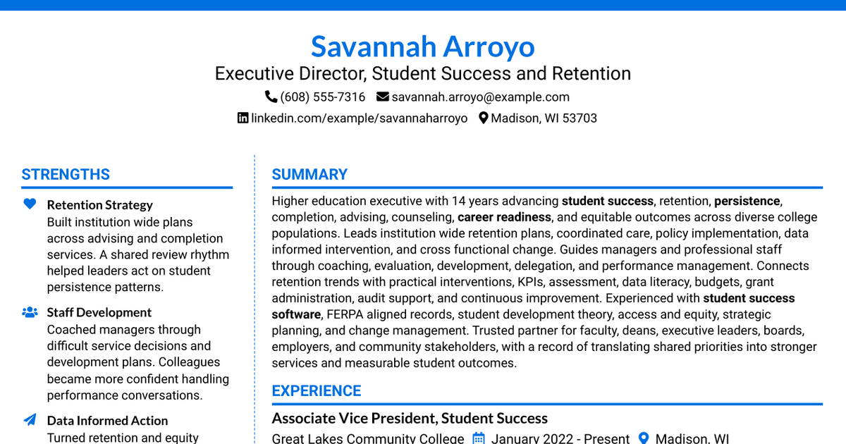 7 Executive Director, Student Success and Retention Resume Templates with Example