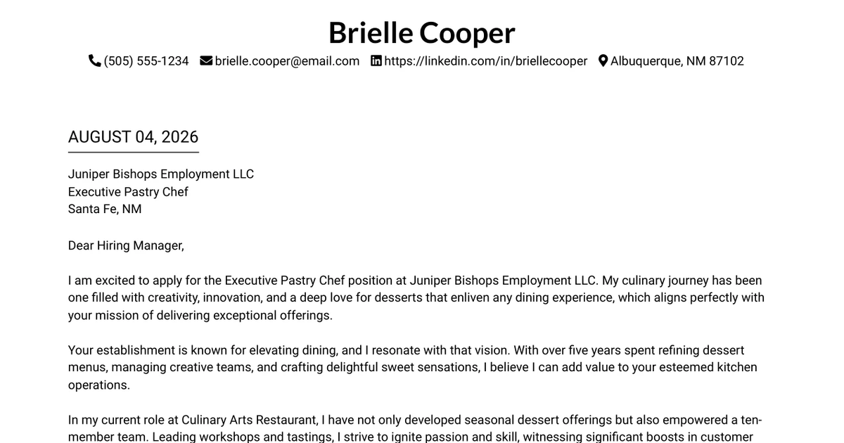 30+ Executive Pastry Chef Cover Letter Templates with Example 2026