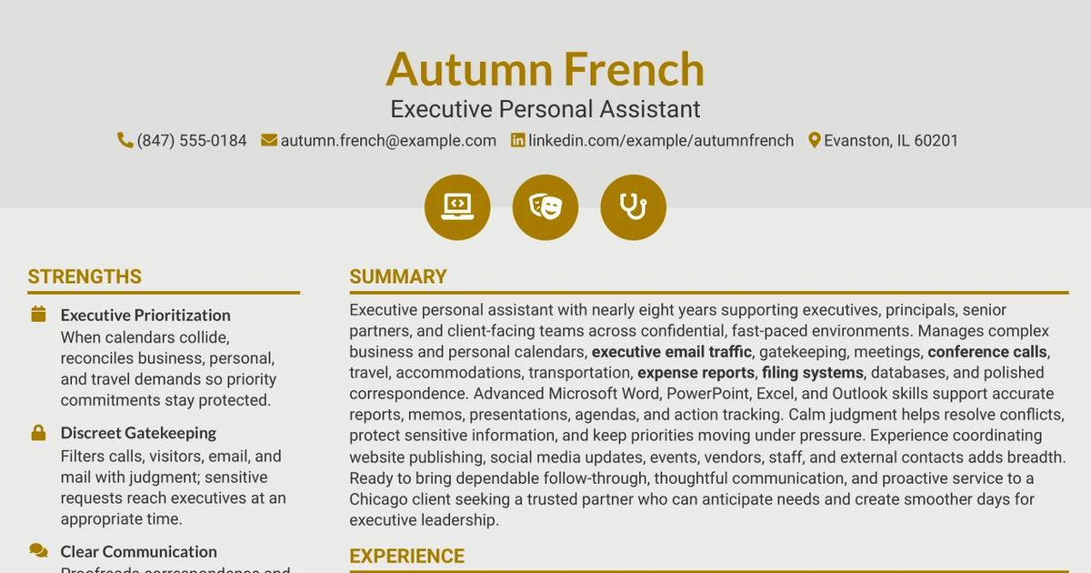 33 Executive Personal Assistant Resume Templates with Example 2026 (ATS-Optimized)