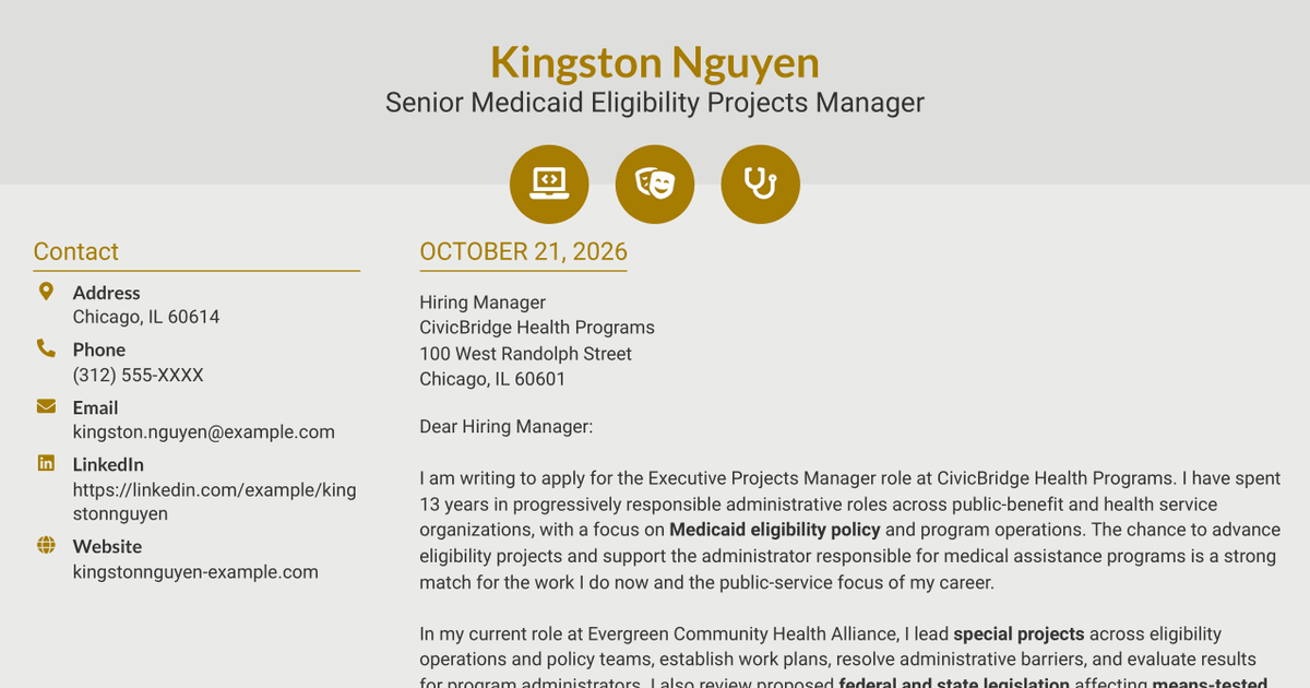 7 Executive Projects Manager - Medicaid Eligibility Policy Cover Letter Templates with Example