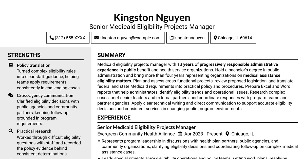 7 Executive Projects Manager - Medicaid Eligibility Policy Resume Templates with Example