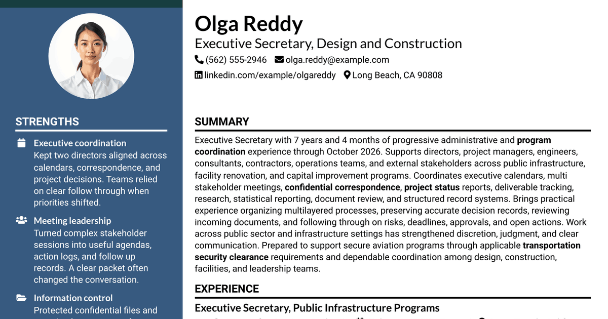 7 Executive Secretary I - Design & Construction Resume Templates with Example