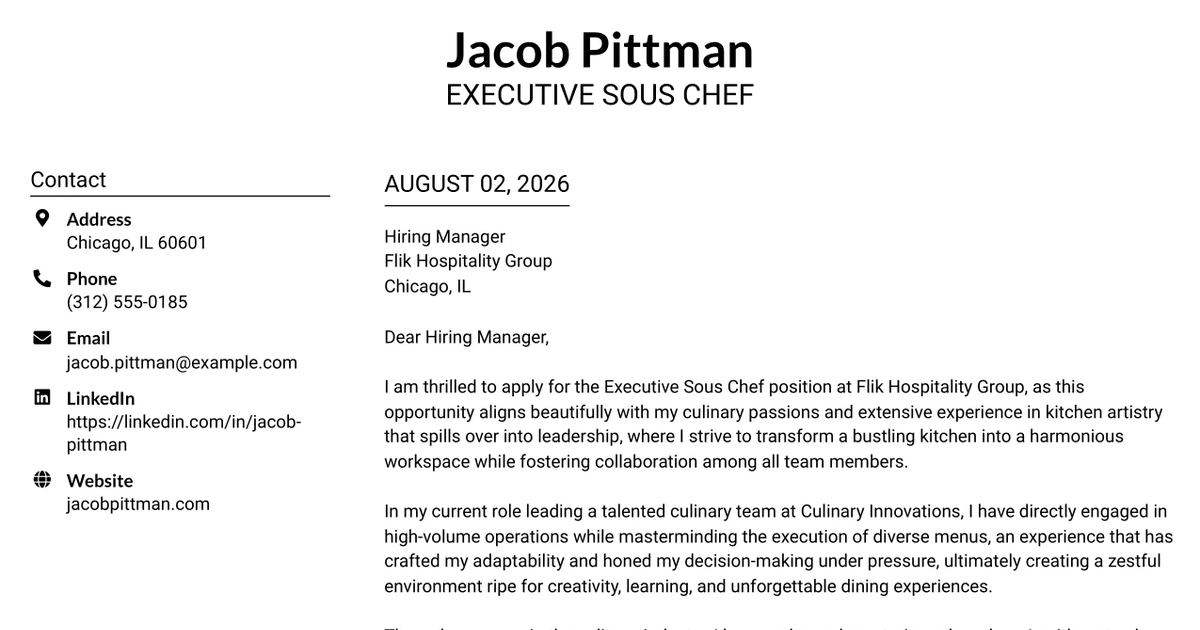 30+ EXECUTIVE SOUS CHEF Cover Letter Templates with Example 2026