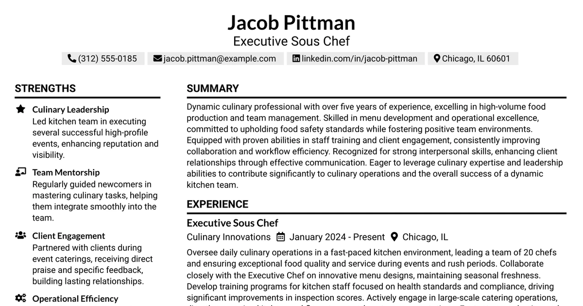 33 EXECUTIVE SOUS CHEF Resume Templates with Example 2026 (ATS-Optimized)
