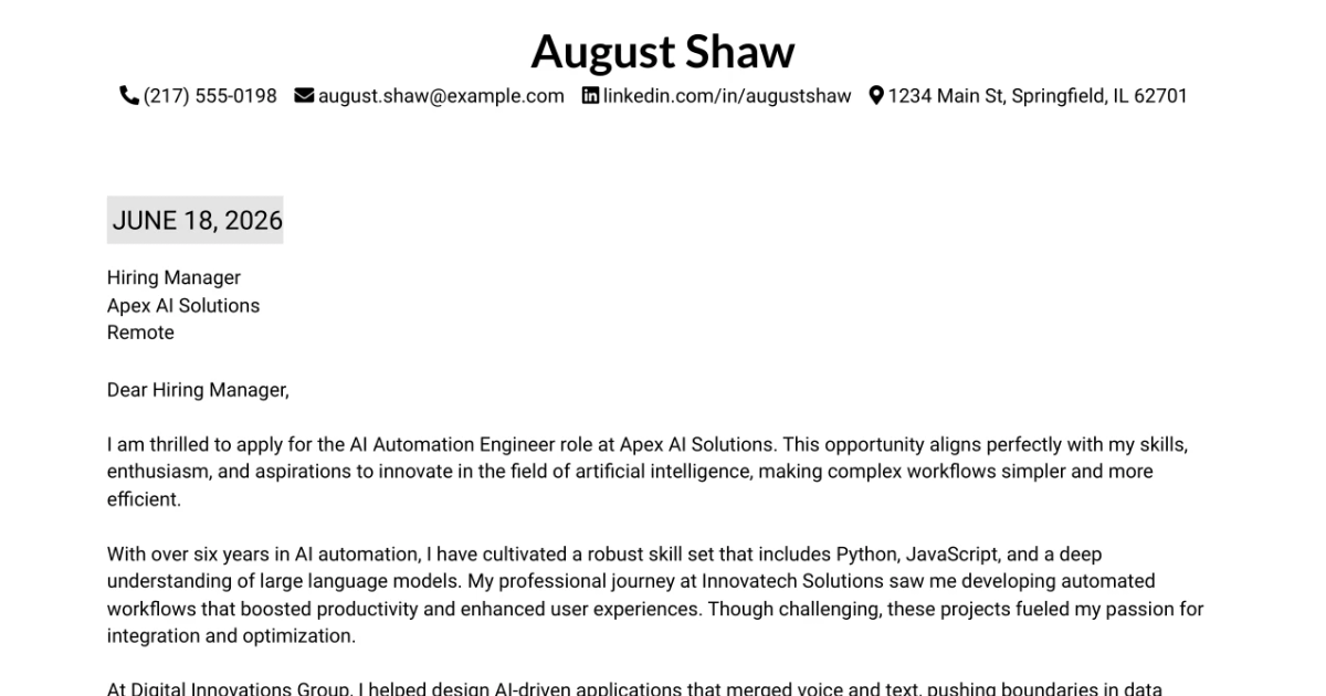 30+ Experienced AI Automation Engineer Cover Letter Templates with Example 2026