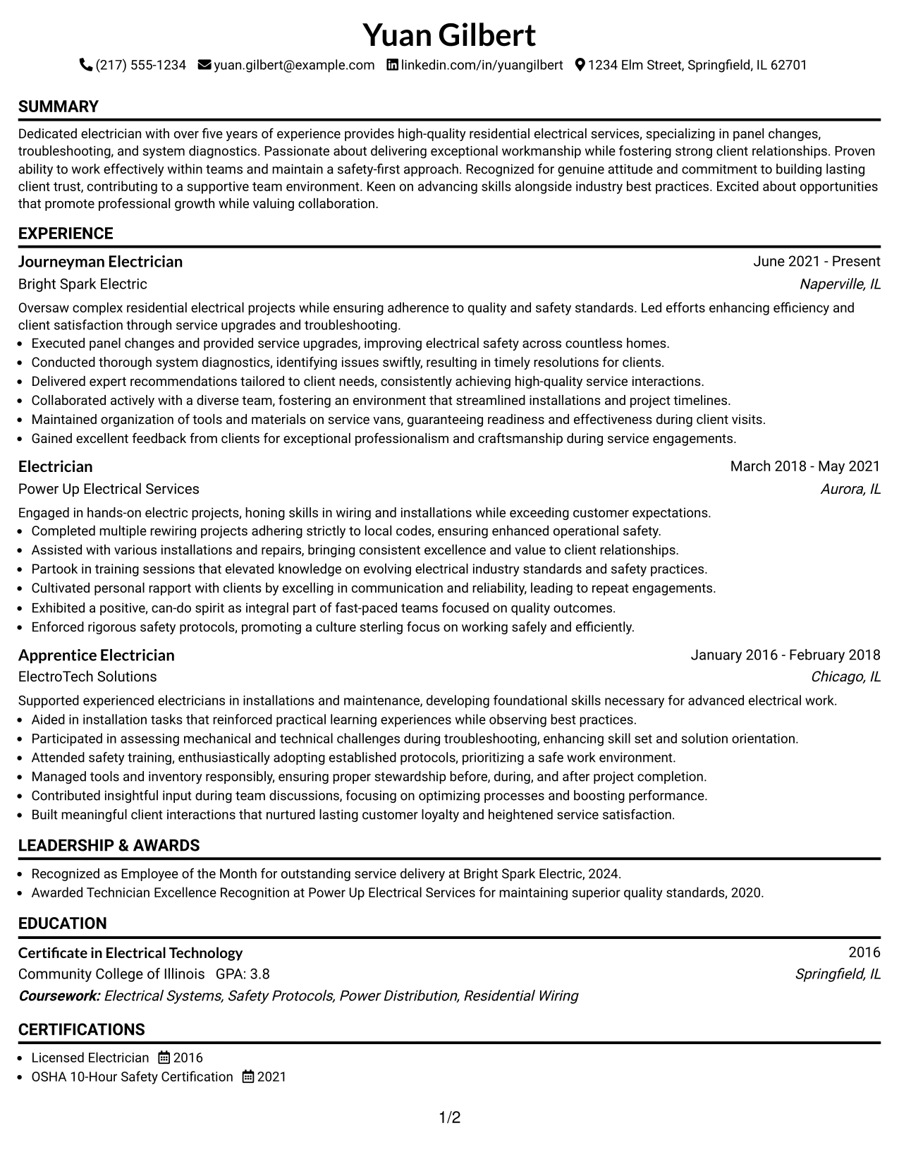 Resume Example Page 1