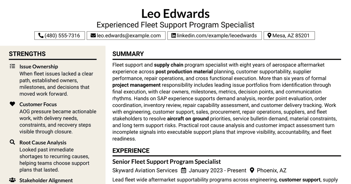 7 Experienced Fleet Support Program Specialist Resume Templates with Example