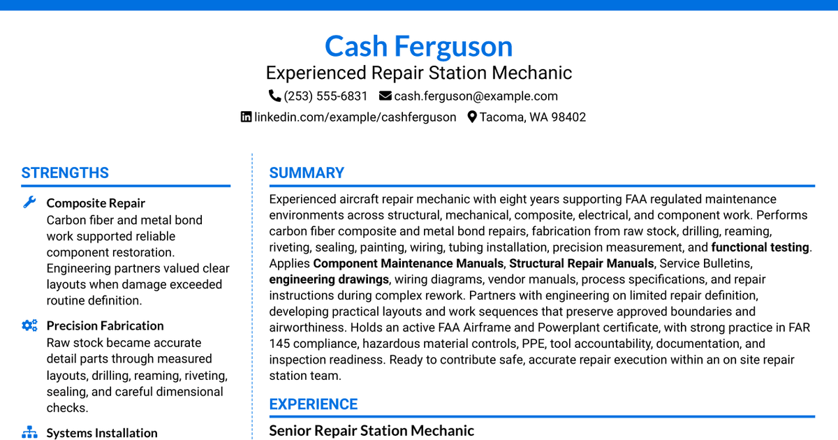 7 Experienced Repair Station Mechanic Resume Templates with Example