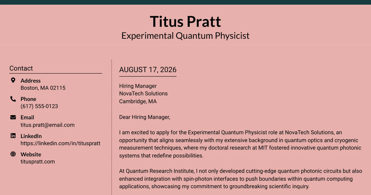 30+ Experimental Quantum Physicist Cover Letter Templates with Example 2026