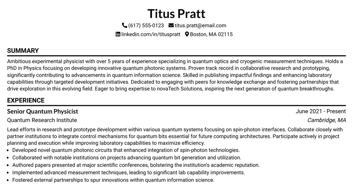 33 Experimental Quantum Physicist Resume Templates with Example 2026 (ATS-Optimized)