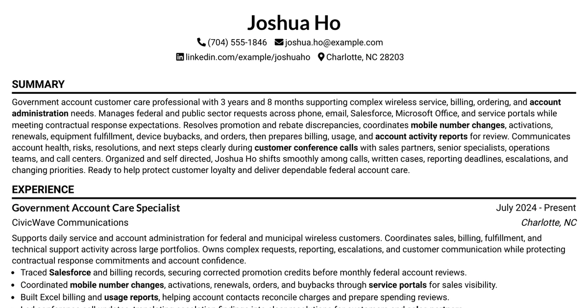 33 Expert, Government Business Care - Federal Account Support Resume Templates with Example 2026 (ATS-Optimized)