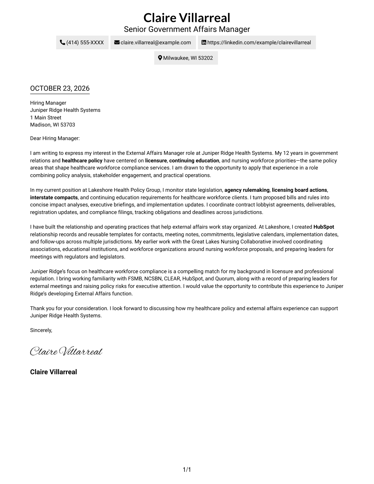 Cover letter example — page 1