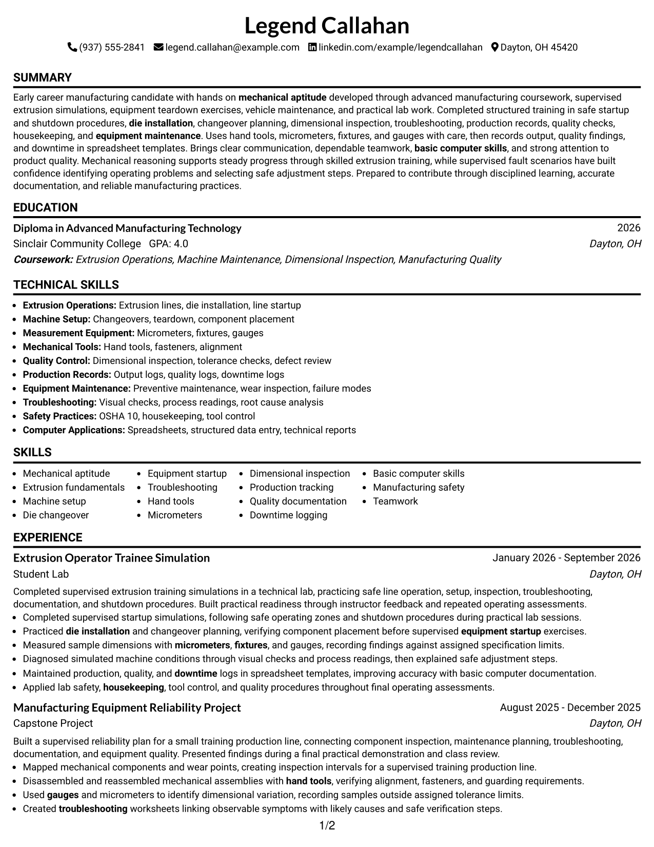 Resume Example Page 1