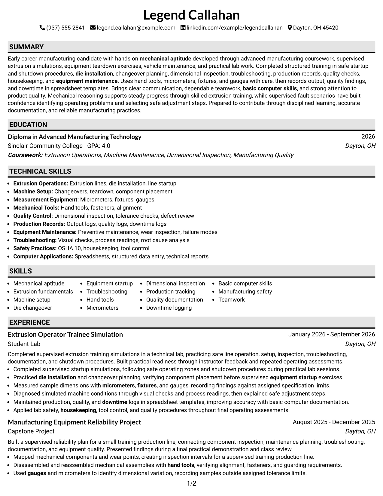 Resume Example Page 1