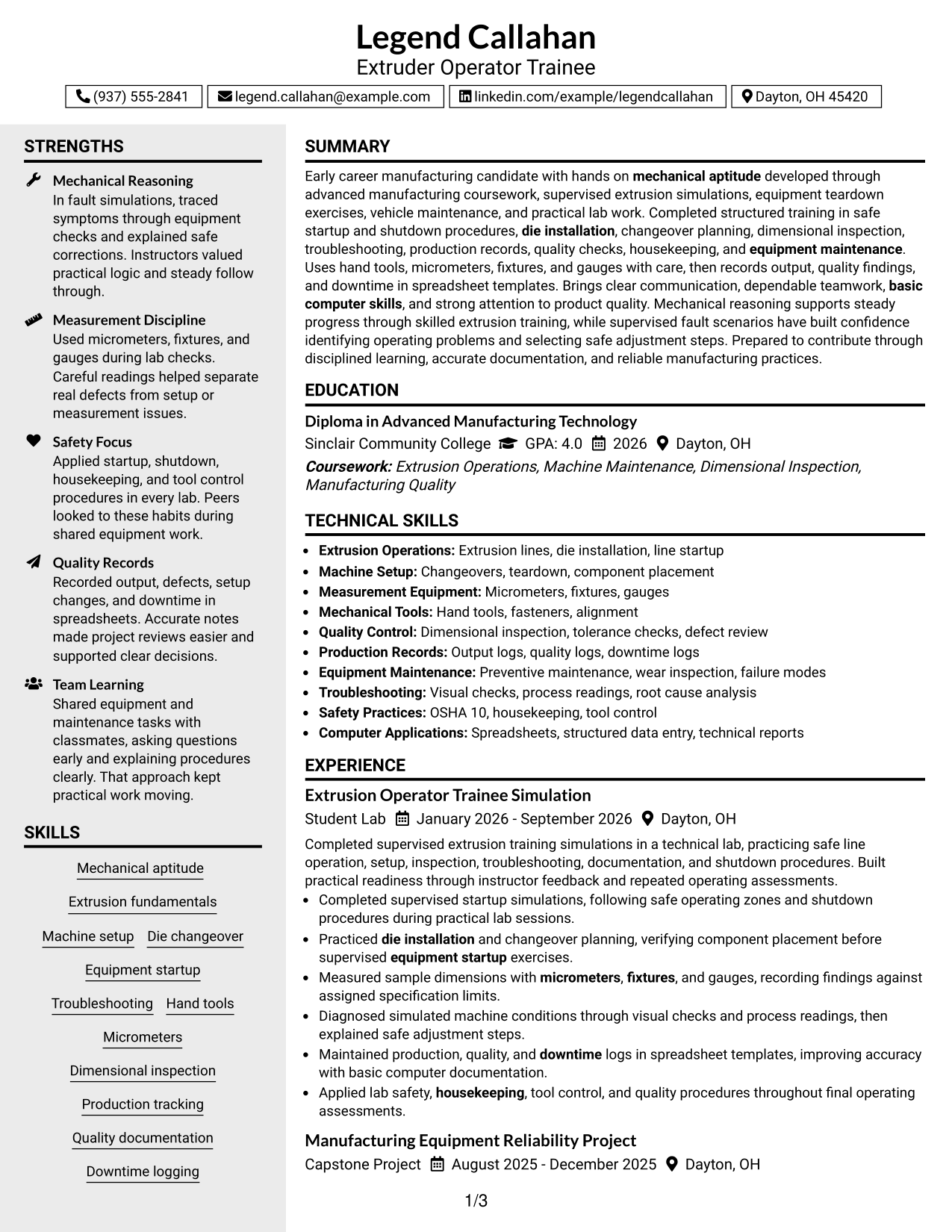Resume Example Page 1