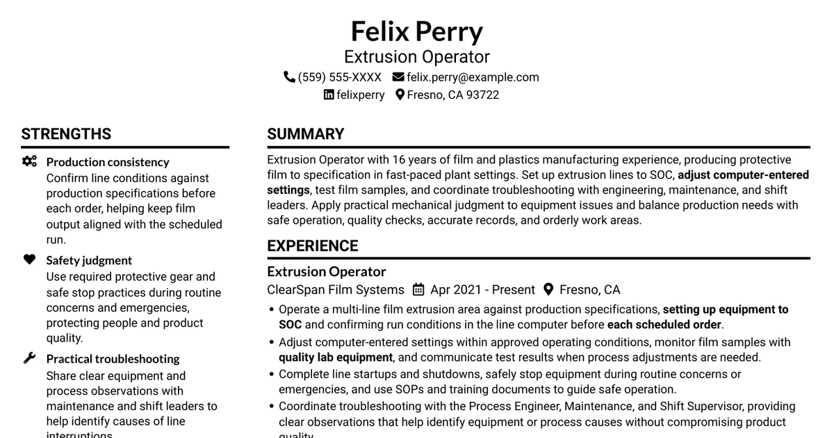 7 Extrusion Operator - Film Production Resume Templates with Example