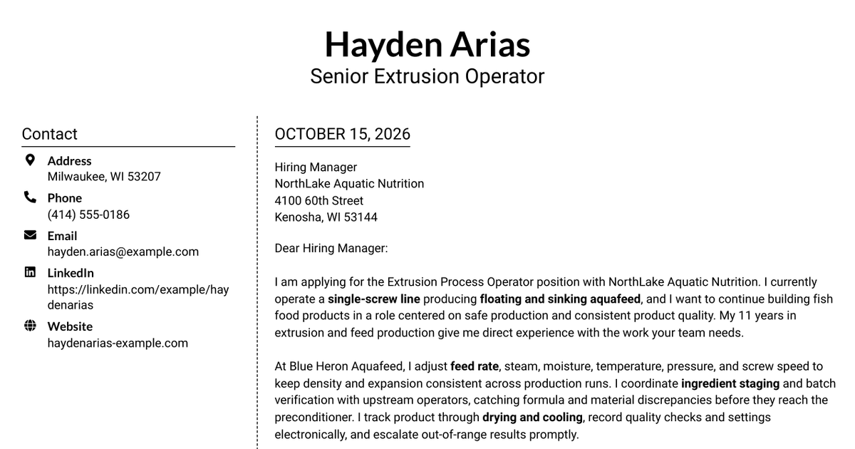 7 Extrusion Process Operator - Fish Food Cover Letter Templates with Example