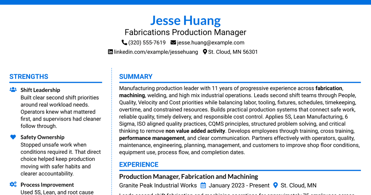 7 Fabrications Production Manager Resume Templates with Example