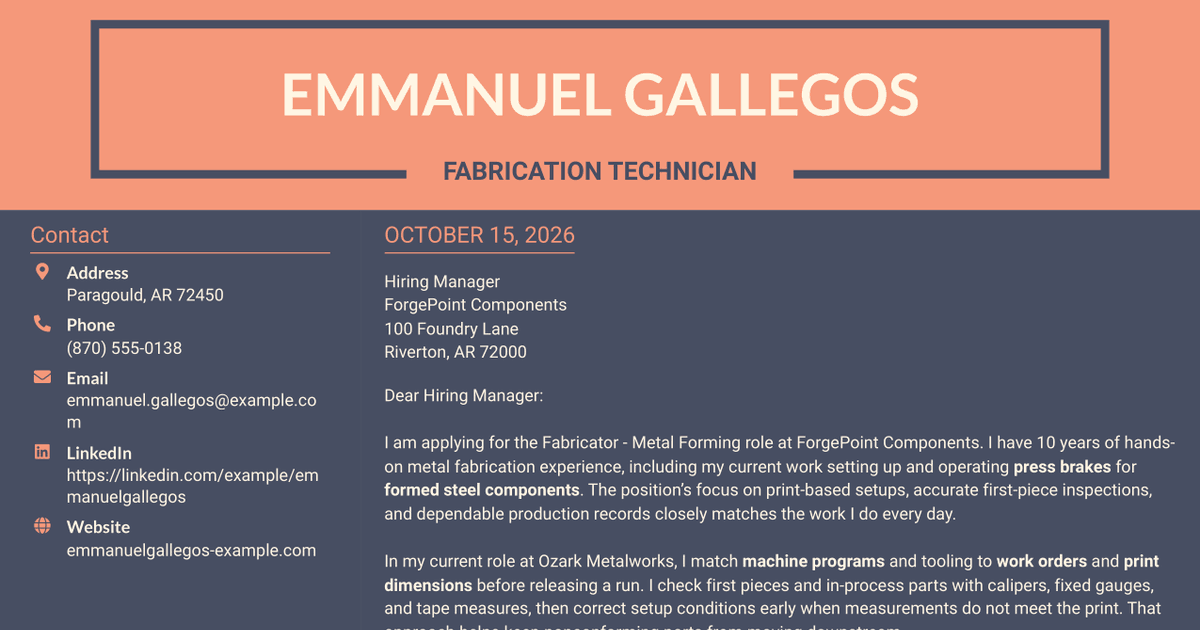 7 Fabricator - Metal Forming Cover Letter Templates with Example