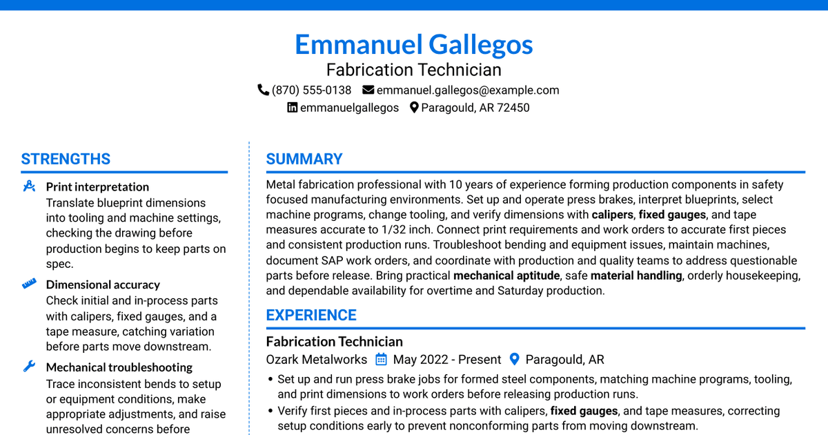 7 Fabricator - Metal Forming Resume Templates with Example