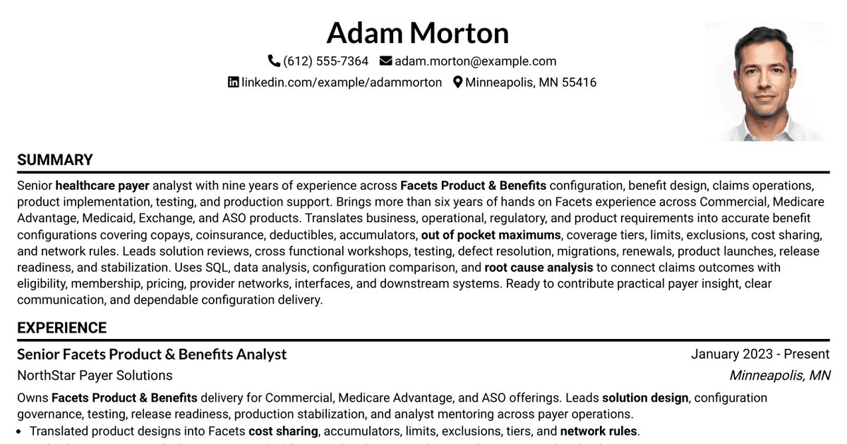 7 Facets Product & Benefits Senior Analyst Resume Templates with Example