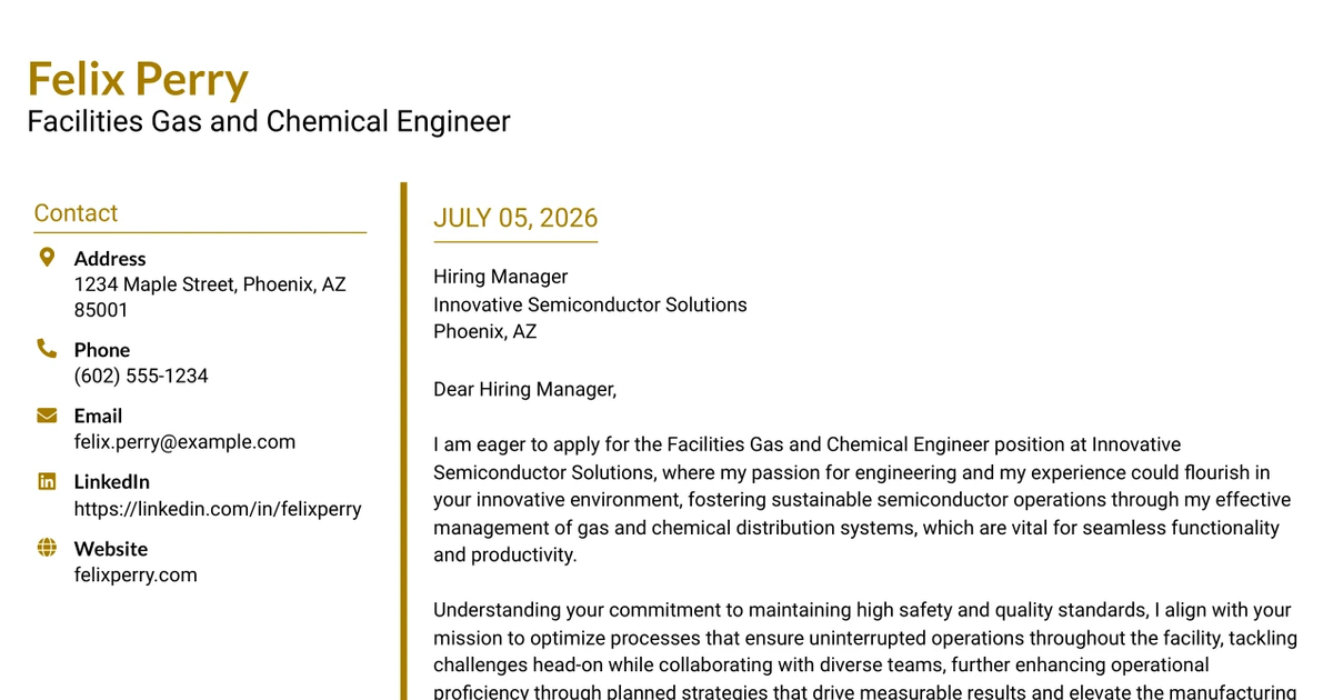 30+ Facilities Gas and Chemical Engineer Cover Letter Templates with Example 2026
