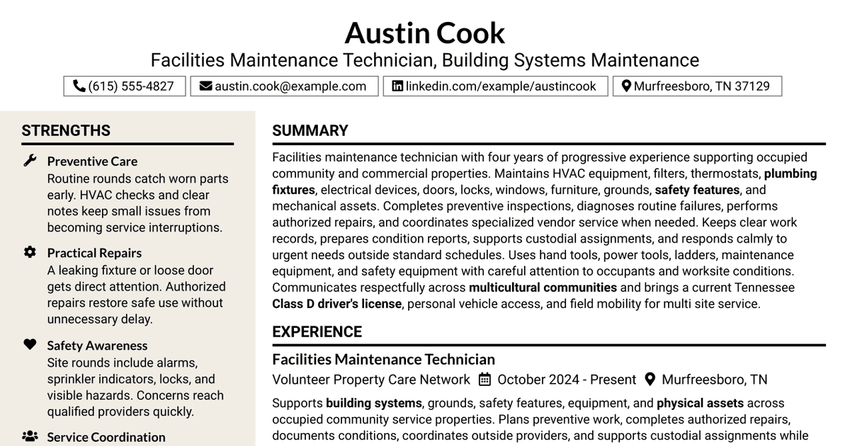 7 Facilities Maintenance Technician - Building Systems Maintenance Resume Templates with Example