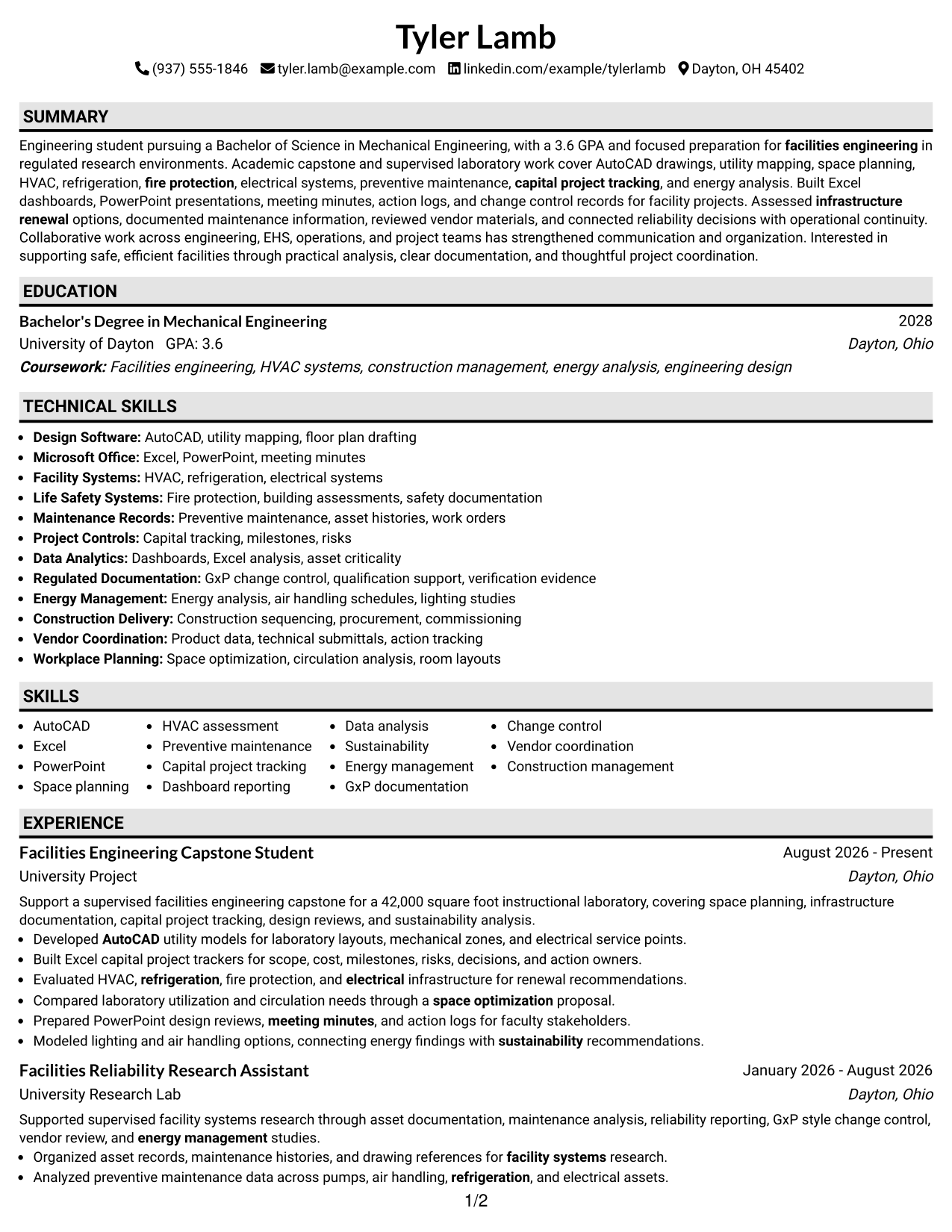 Resume Example Page 1