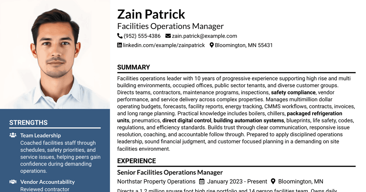 7 Facilities Operations Manager Resume Templates with Example