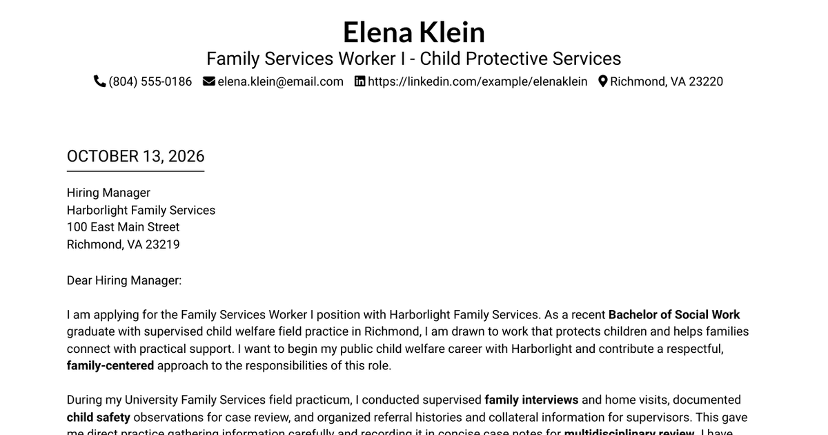 7 Family Services Worker I - Child Protective Services Cover Letter Templates with Example