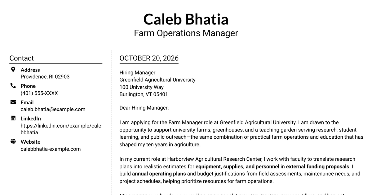 7 Farm Manager - Agronomy and Greenhouse Operations Cover Letter Templates with Example