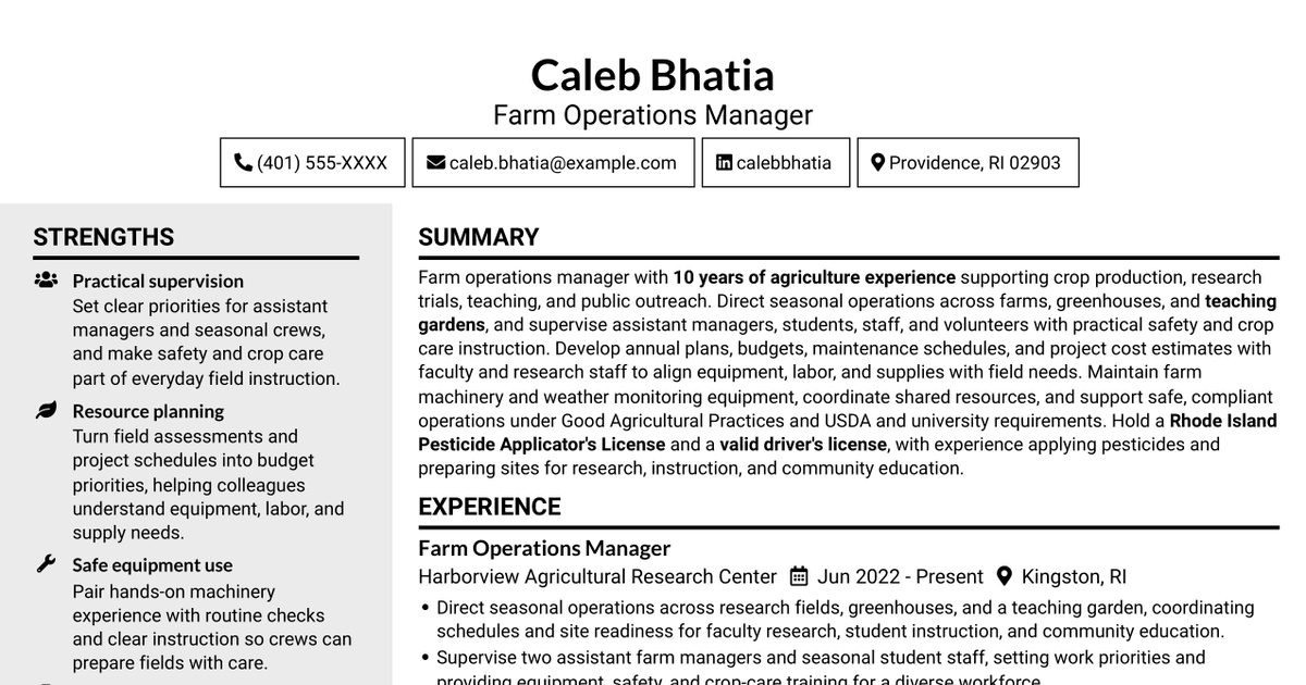 7 Farm Manager - Agronomy and Greenhouse Operations Resume Templates with Example
