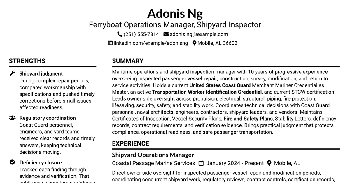 7 Ferryboat Operations Manager A - Shipyard Inspector Resume Templates with Example