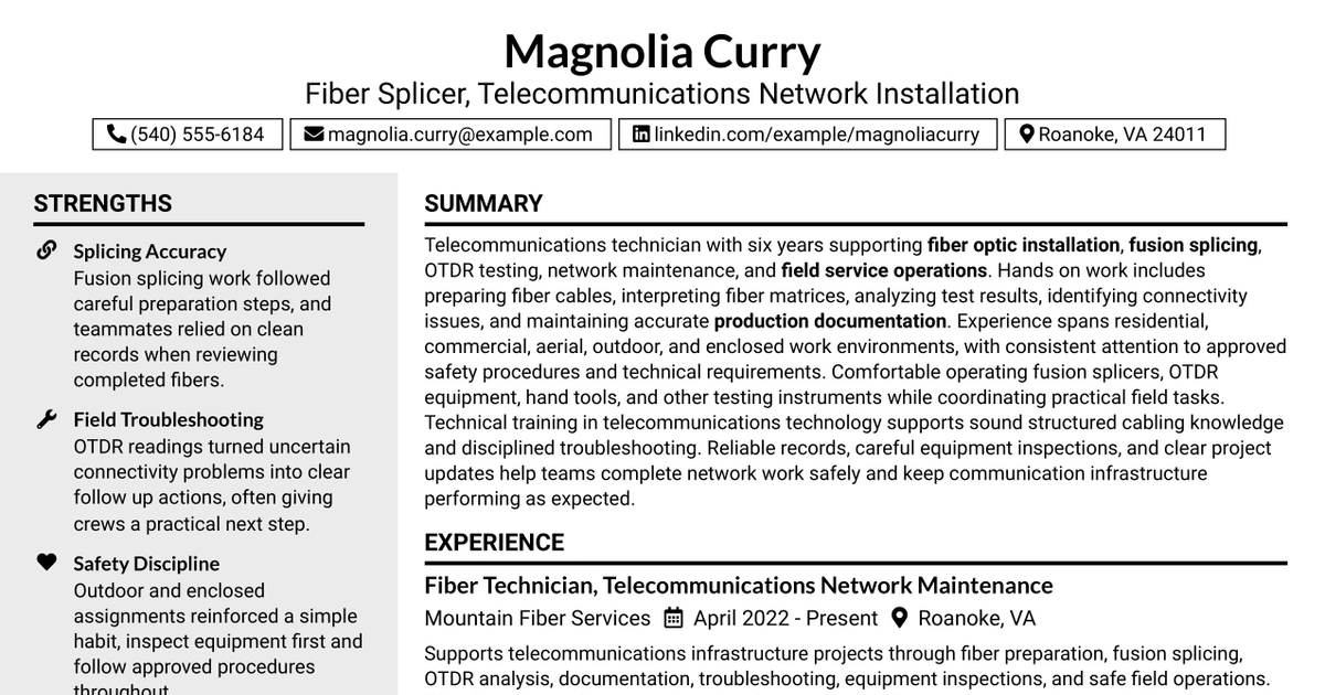 33 Fiber Splicer - Telecommunications Network Installation Resume Templates with Example