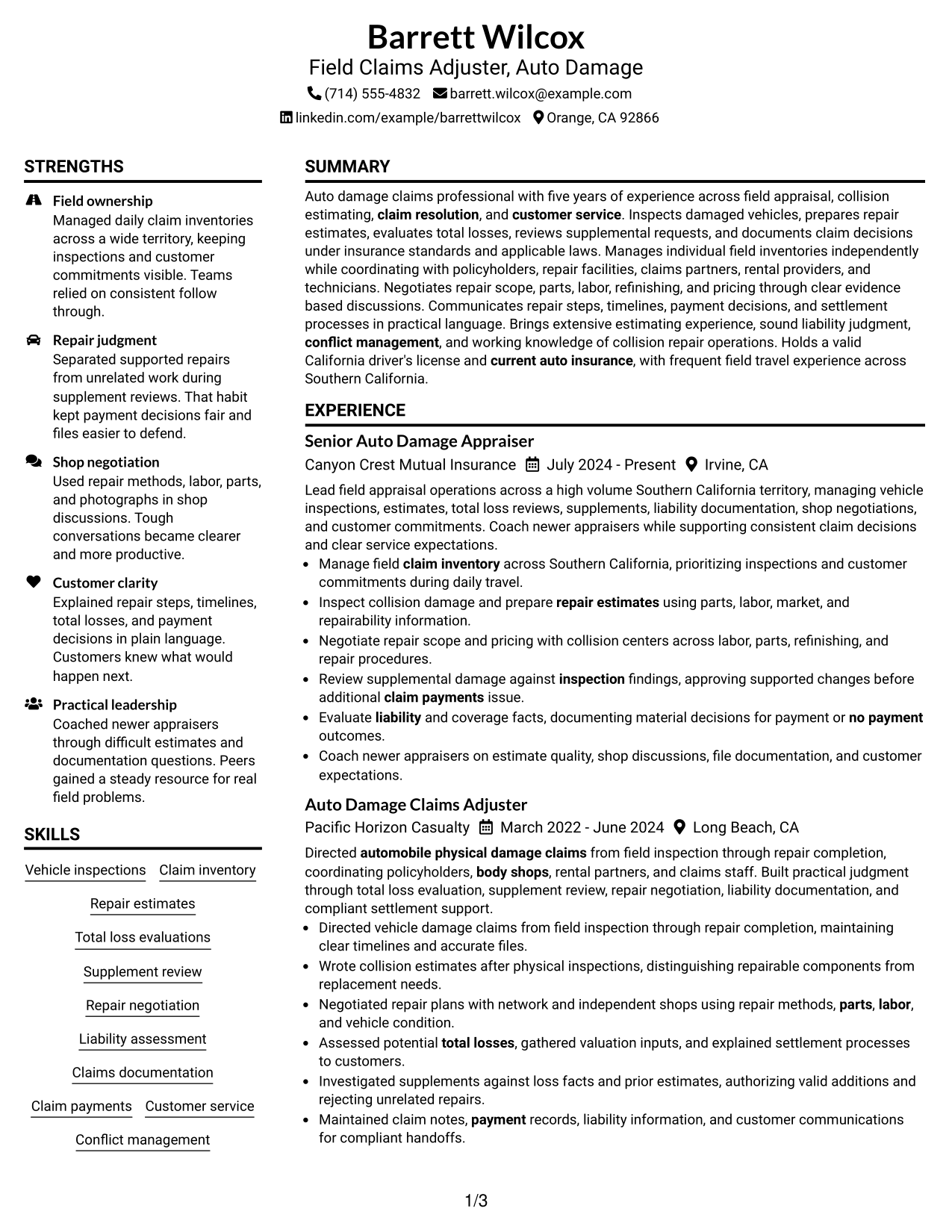 Resume Example Page 1