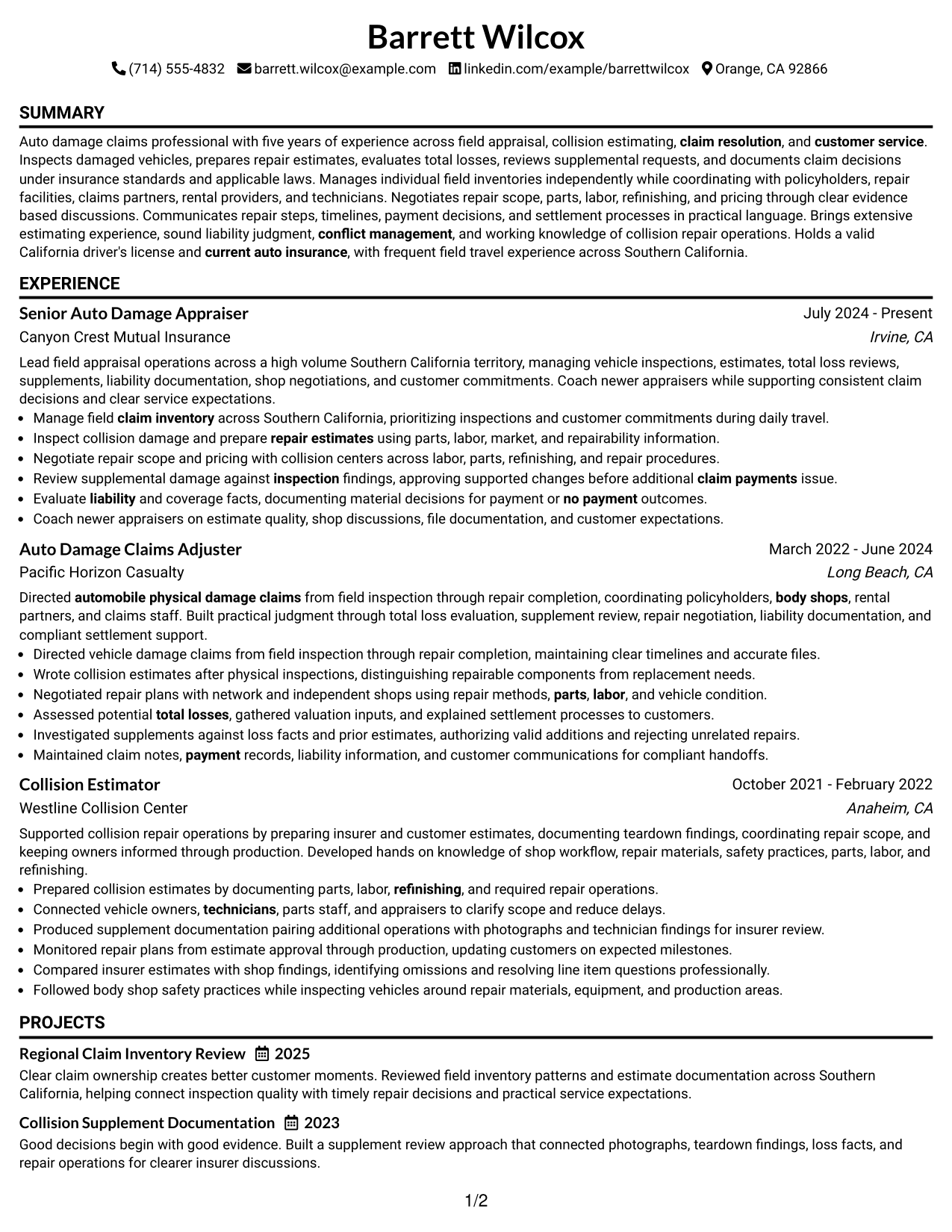Resume Example Page 1