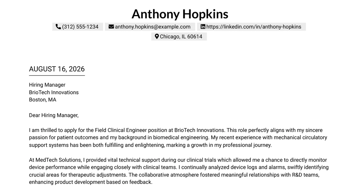 30+ Field Clinical Engineer Cover Letter Templates with Example 2026