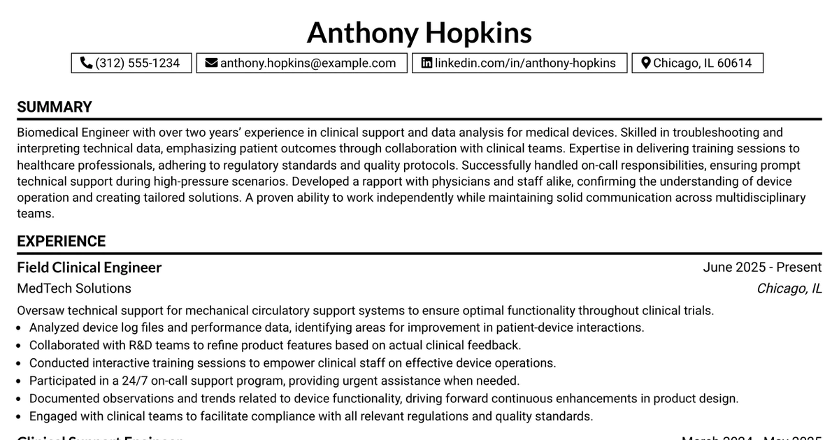 33 Field Clinical Engineer Resume Templates with Example 2026 (ATS-Optimized)