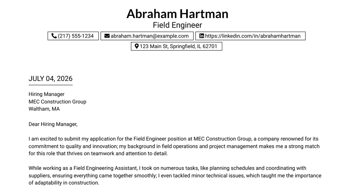 30+ Field Engineer Cover Letter Templates with Example 2026