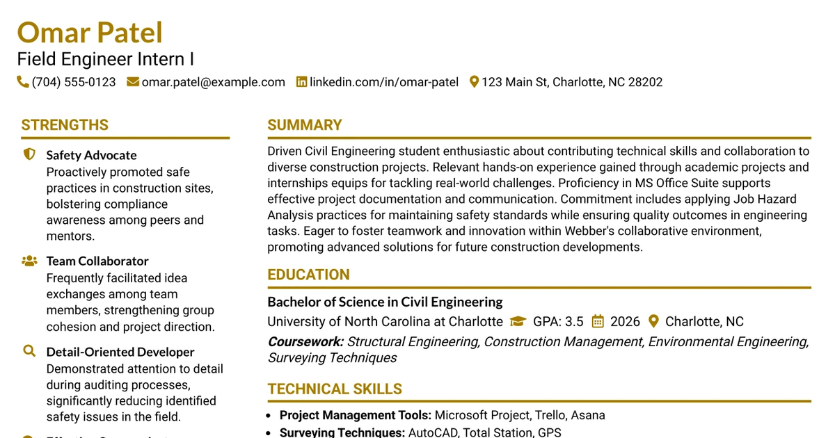 33 Field Engineer Intern I Resume Templates with Example 2026 (ATS-Optimized)